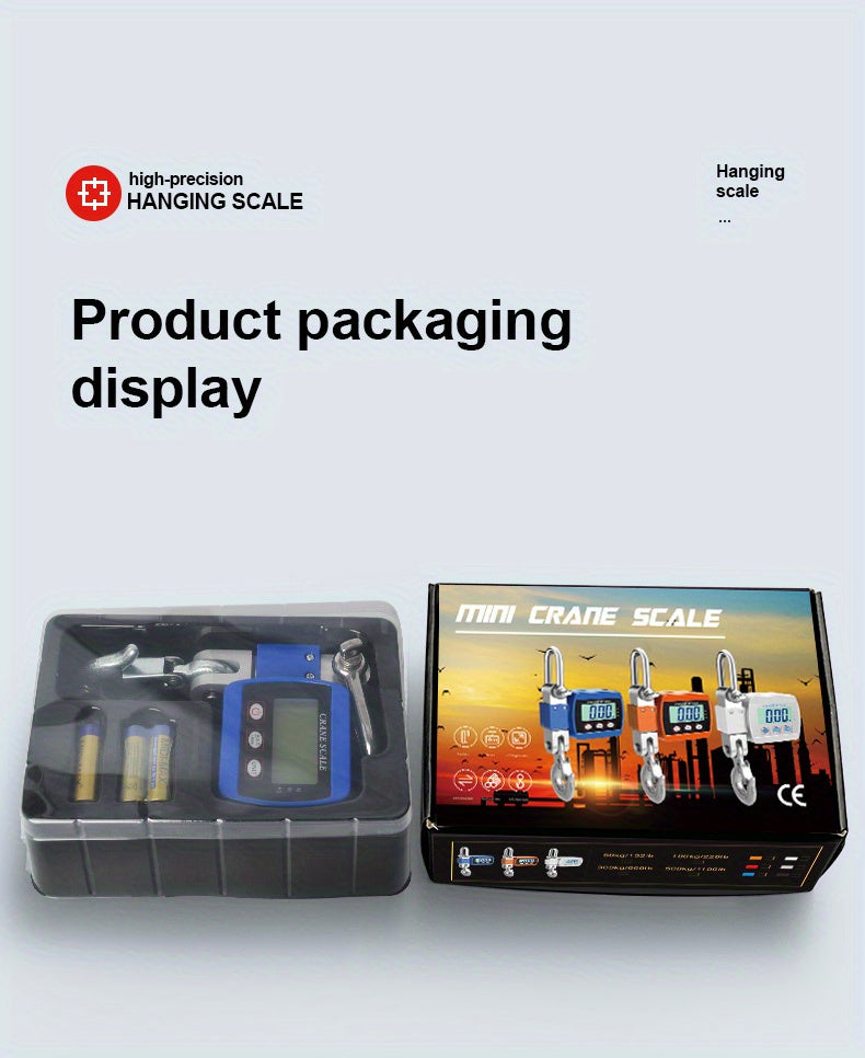High-precision hanging scale packaging display with scale and box on a light gray background