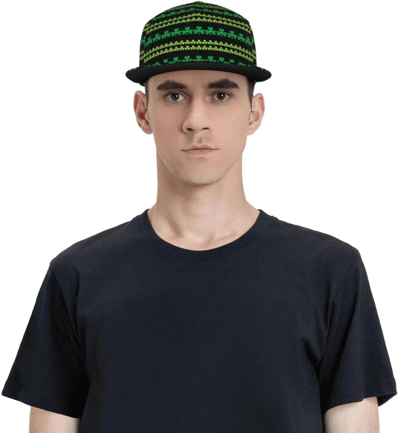 Man wearing Irish Shamrock Lucky-7 Snapback with 4-leaf clovers and charms in the style of the Snapback Shamrock design tribal