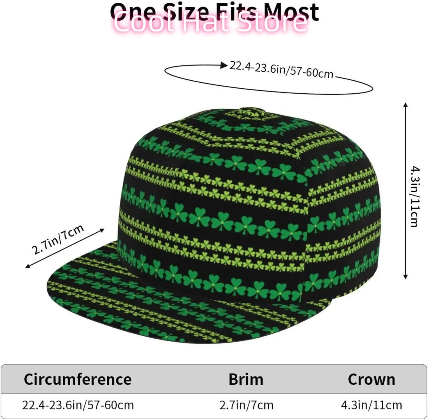 Multi angle image of Irish Shamrock Lucky-7 Snapback with 4-leaf clovers and charms in the style of the Snapback Shamrock design tribal with dimensions