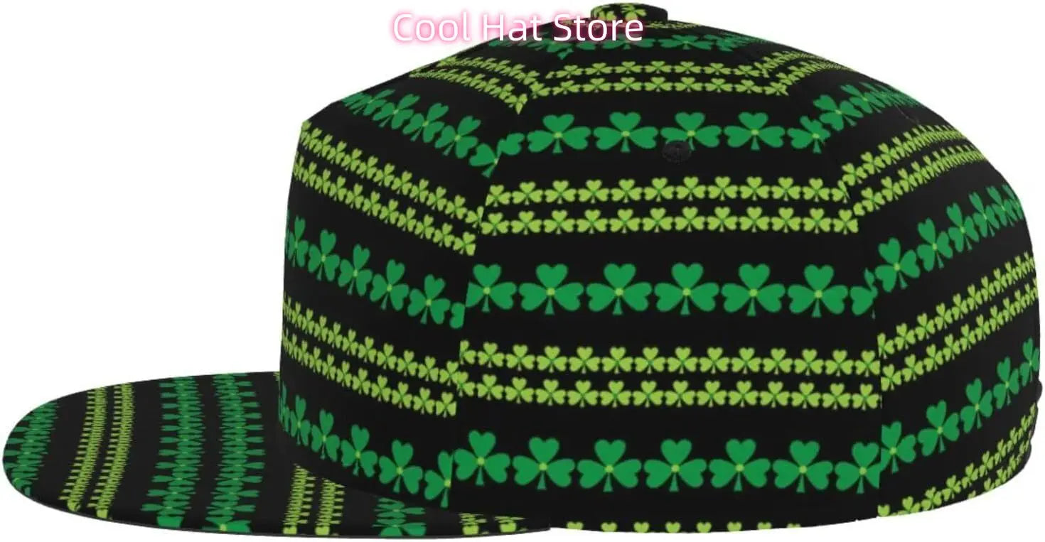 Multi angle image of Irish Shamrock Lucky-7 Snapback with 4-leaf clovers and charms in the style of the Snapback Shamrock design tribal