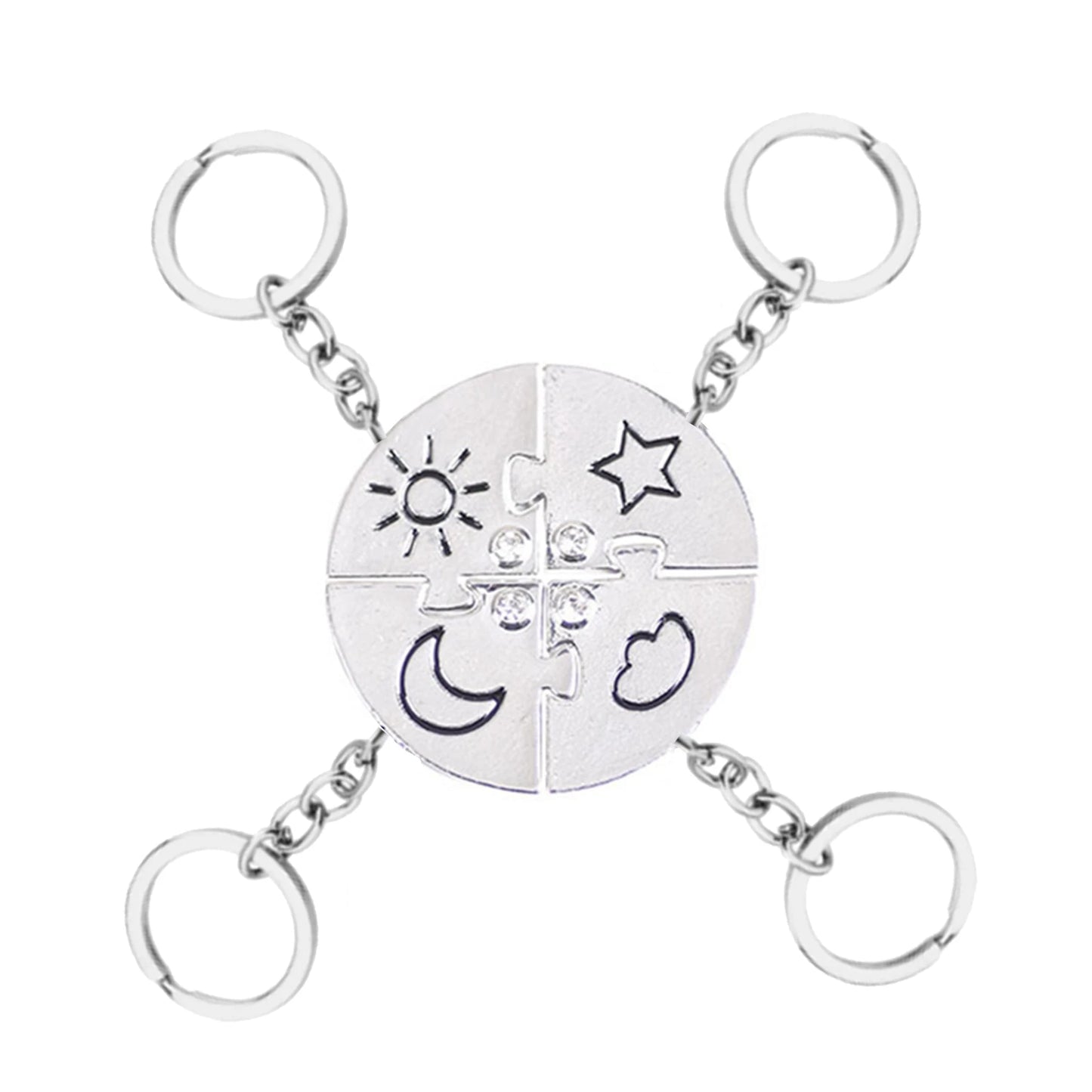 4-way silver keychain with star, moon, and heart symbols on a white background