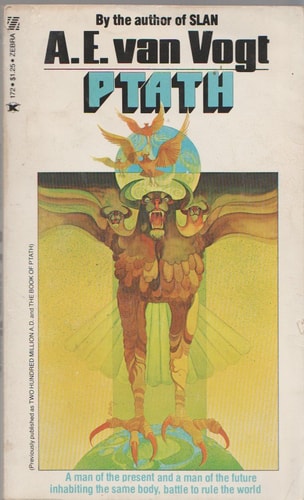 Book cover of 'Ptath' by A.E. van Vogt featuring a colorful illustration of a creature.