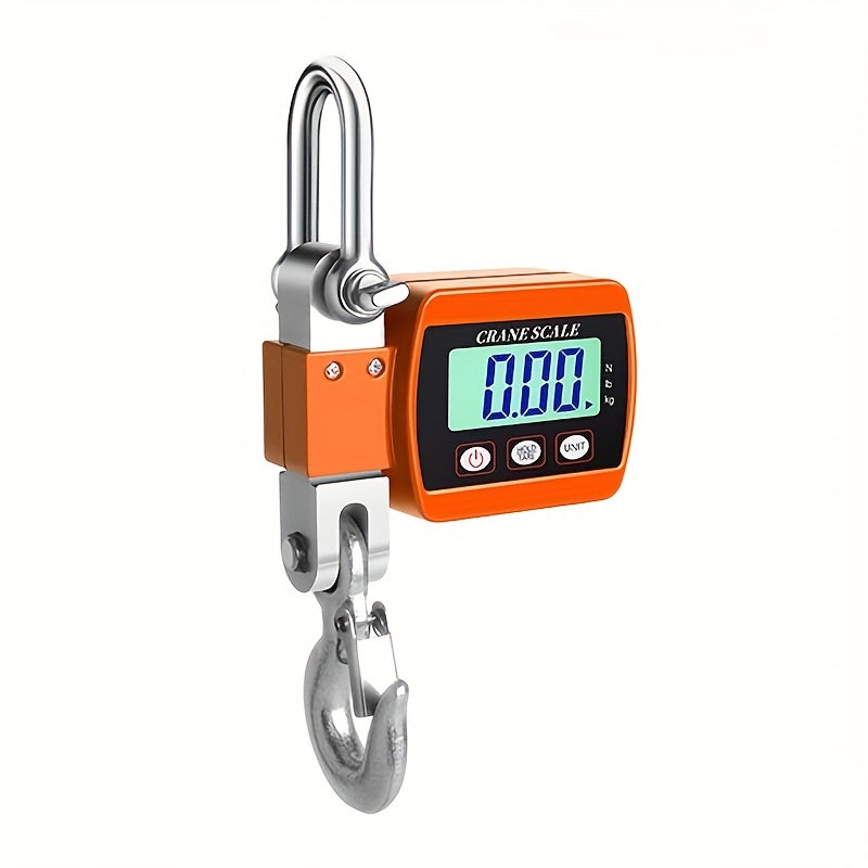 Digital crane scale with orange display and metal hook on a white background