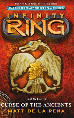 Book cover of 'Infinity Ring: Curse of the Ancients' by Matt de la Peña with a dragon emblem on a red background.