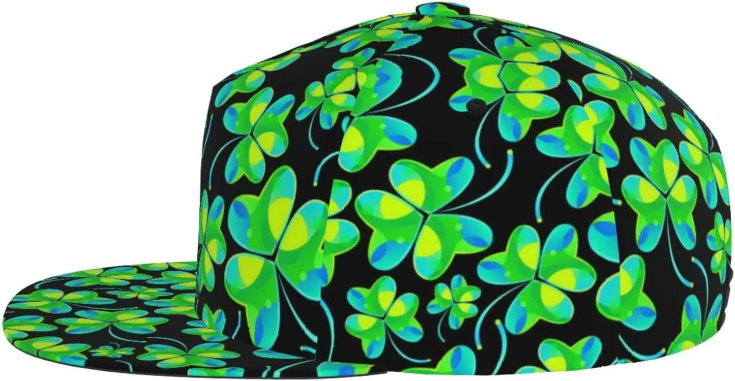 Multi angle image of Irish Shamrock Lucky-7 Snapback with 4-leaf clovers and charms in the style of the Snapback Shamrock design fairy