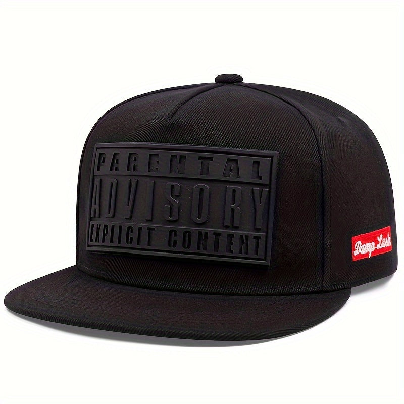 Black snapback hat with Parental Advisory Explicit Content patch