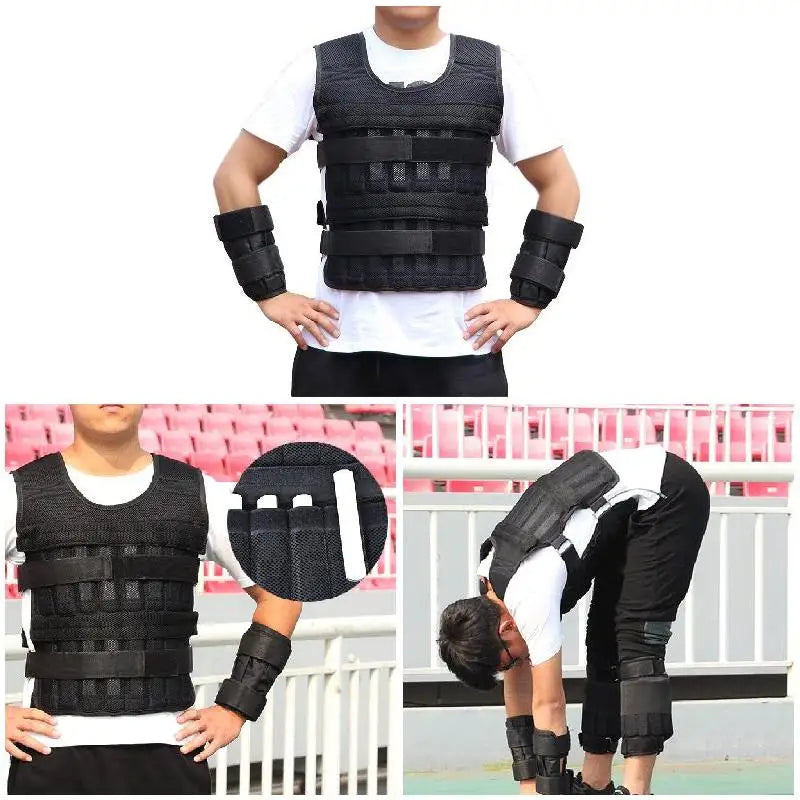 Person wearing a black weighted vest with arm and leg wraps, with additional images showing the product.