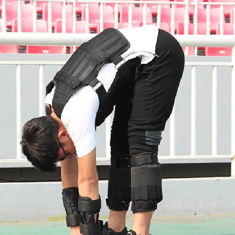 Person wearing a full-body suit with protective padding outdoors