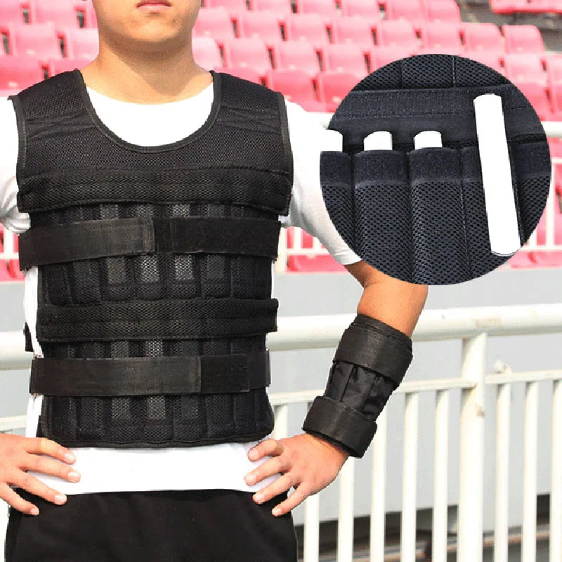 Person wearing a black weighted vest with an inset showing the weight distribution.