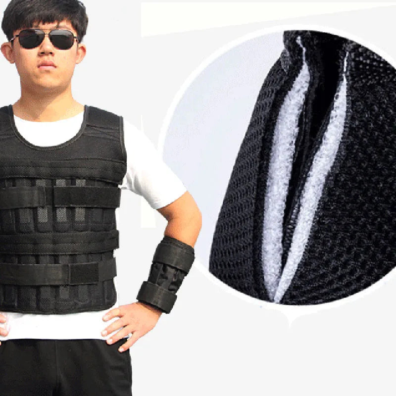 Person wearing a black workout vest with close-up of material texture.