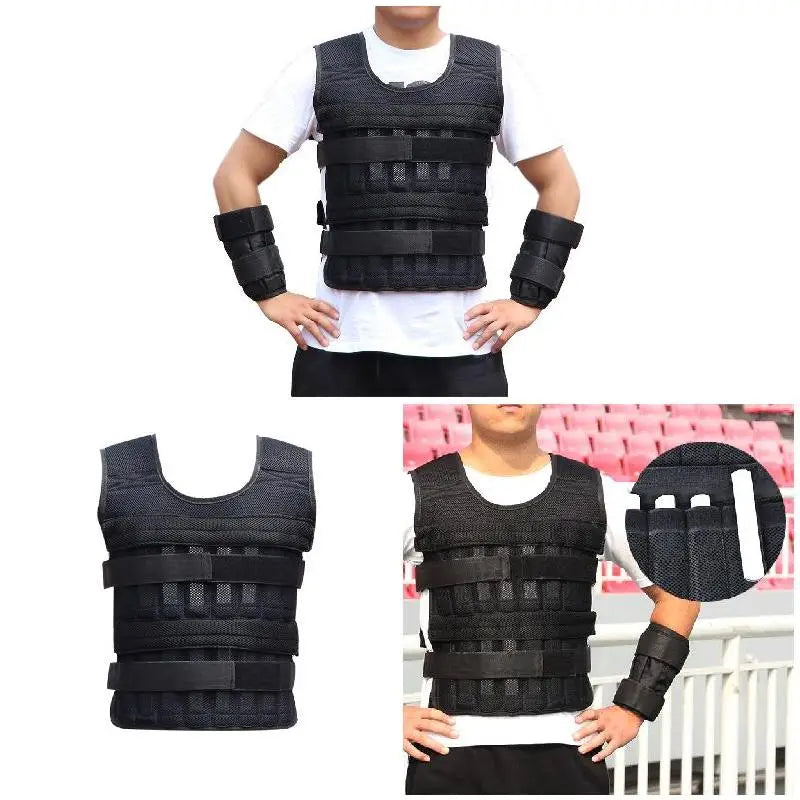 Black weighted vest with arm sleeves and wrist wraps, shown on a person against a white background.