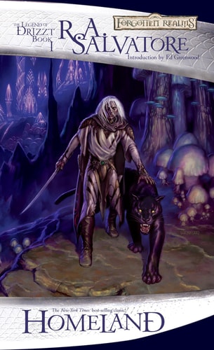 Book cover of 'Homeland' by R.A. Salvatore featuring a character with a wolf in a fantasy setting.