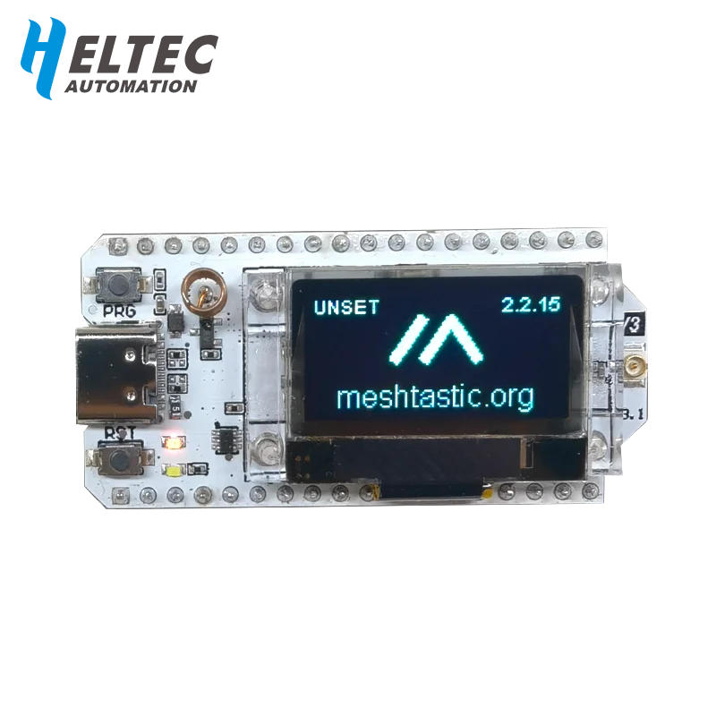 Close-up of the Heltec V3 PCB showing the ESP32-S3 microcontroller and SX1262 LoRa chip.