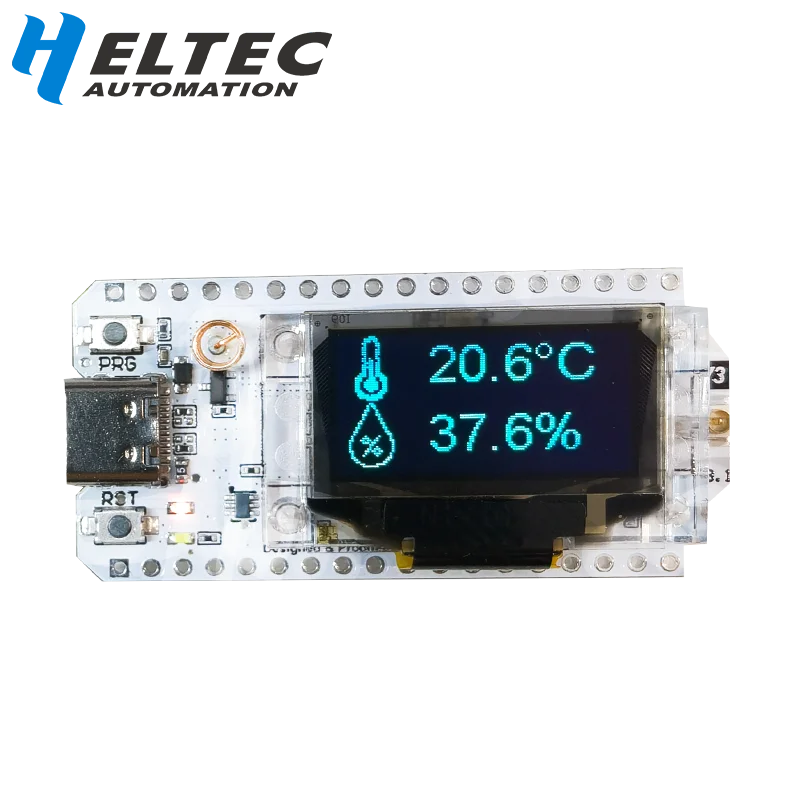 Close-up of the Heltec V3 PCB showing the ESP32-S3 microcontroller and SX1262 LoRa chip.