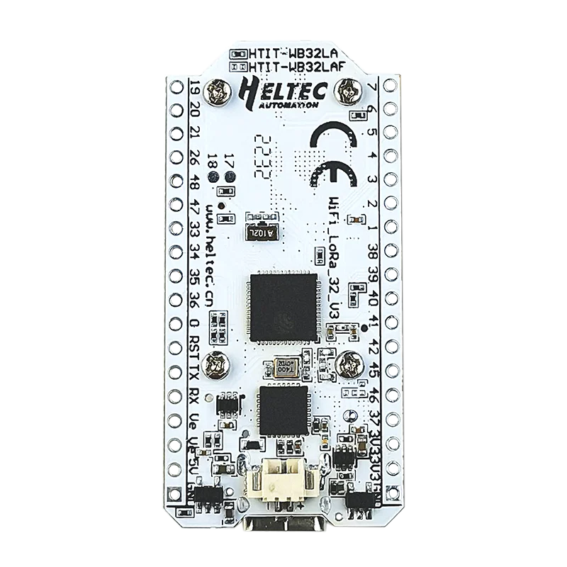 Close-up of the Heltec V3 PCB showing the ESP32-S3 microcontroller and SX1262 LoRa chip.