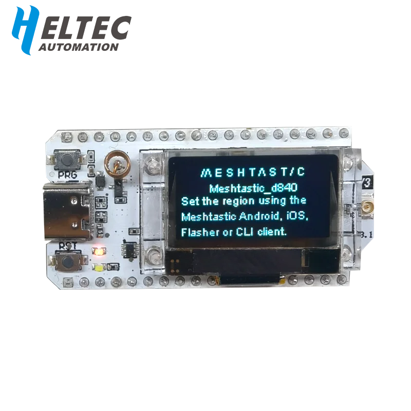 Close-up of the Heltec V3 PCB showing the ESP32-S3 microcontroller and SX1262 LoRa chip.