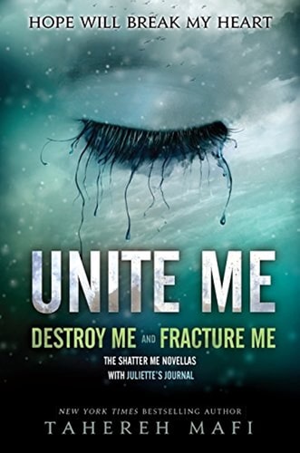 Book cover of 'Unite Me' by Tahereh Mafi with a dark feather against a blue sky.