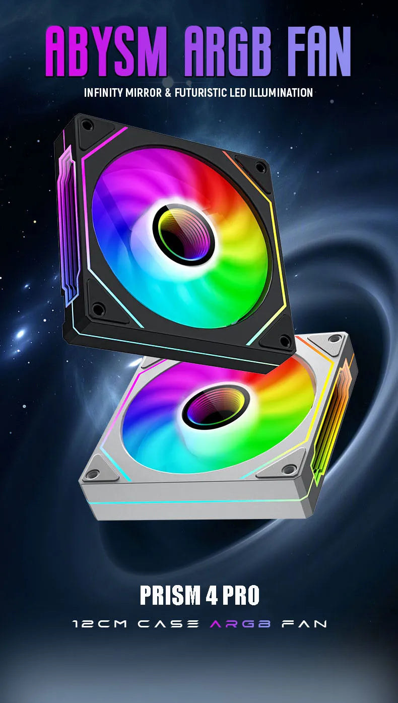 ABYSM ARGB fan with colorful LED illumination on a dark space-themed background