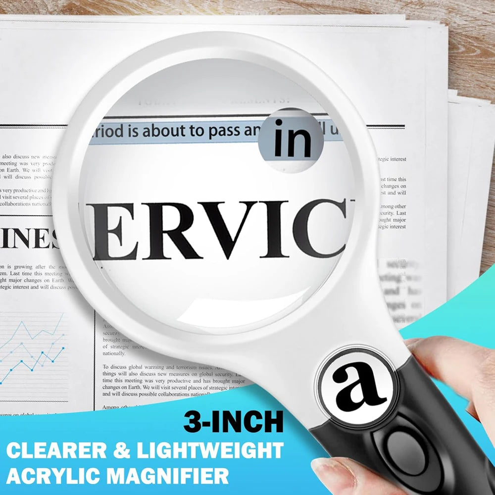Magnifying glass held over a newspaper with enlarged text, on a wooden surface.