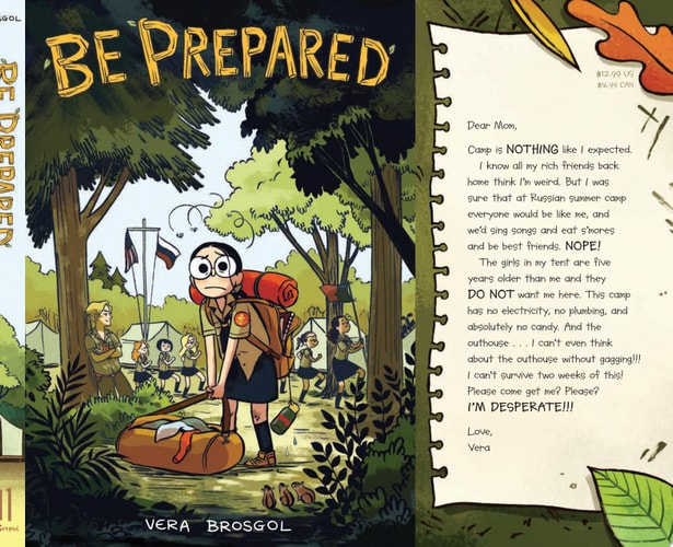 Book cover with a character in a camping scene and synopsis on back cover.