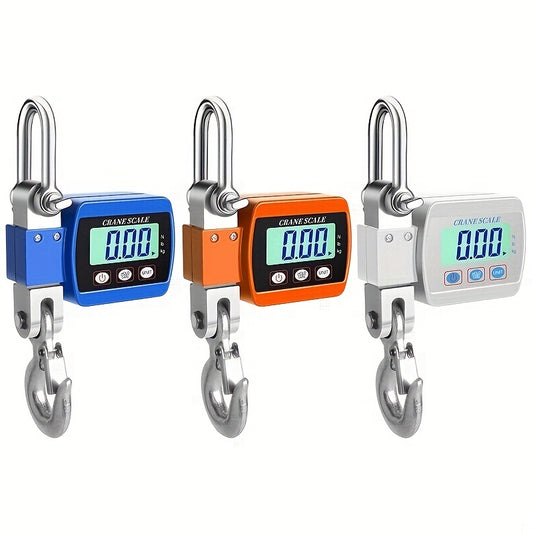 Three digital crane scales in blue, orange, and white on a white background