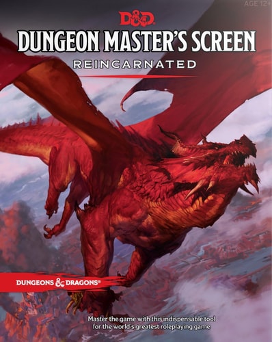 Dungeons & Dragons Dungeon Master's Screen Reincarnated with a red dragon illustration on a mountainous background.