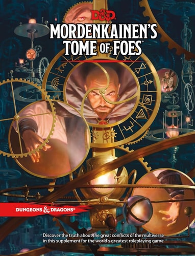 Cover of 'Mordenkainen's Tome of Foes' for Dungeons & Dragons with mechanical design and character portrait.