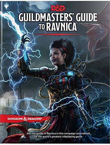 Cover of 'Guildmasters' Guide to Ravnica' for Dungeons & Dragons featuring a character with lightning effects.