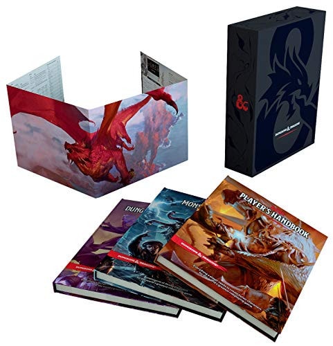 Collection of fantasy role-playing books with a prominent dragon illustration on a white background