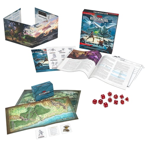 Collection of tabletop game components including maps, dice, and rulebooks on a white background