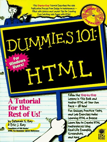 Book cover of 'HTML: Dummies 101' for Windows Users with a cartoon character and text on a yellow background.