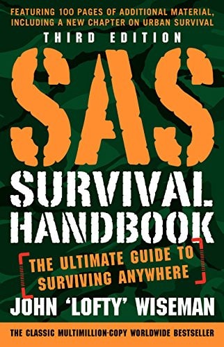 Book cover of 'SAS Survival Handbook' with orange text on a green background