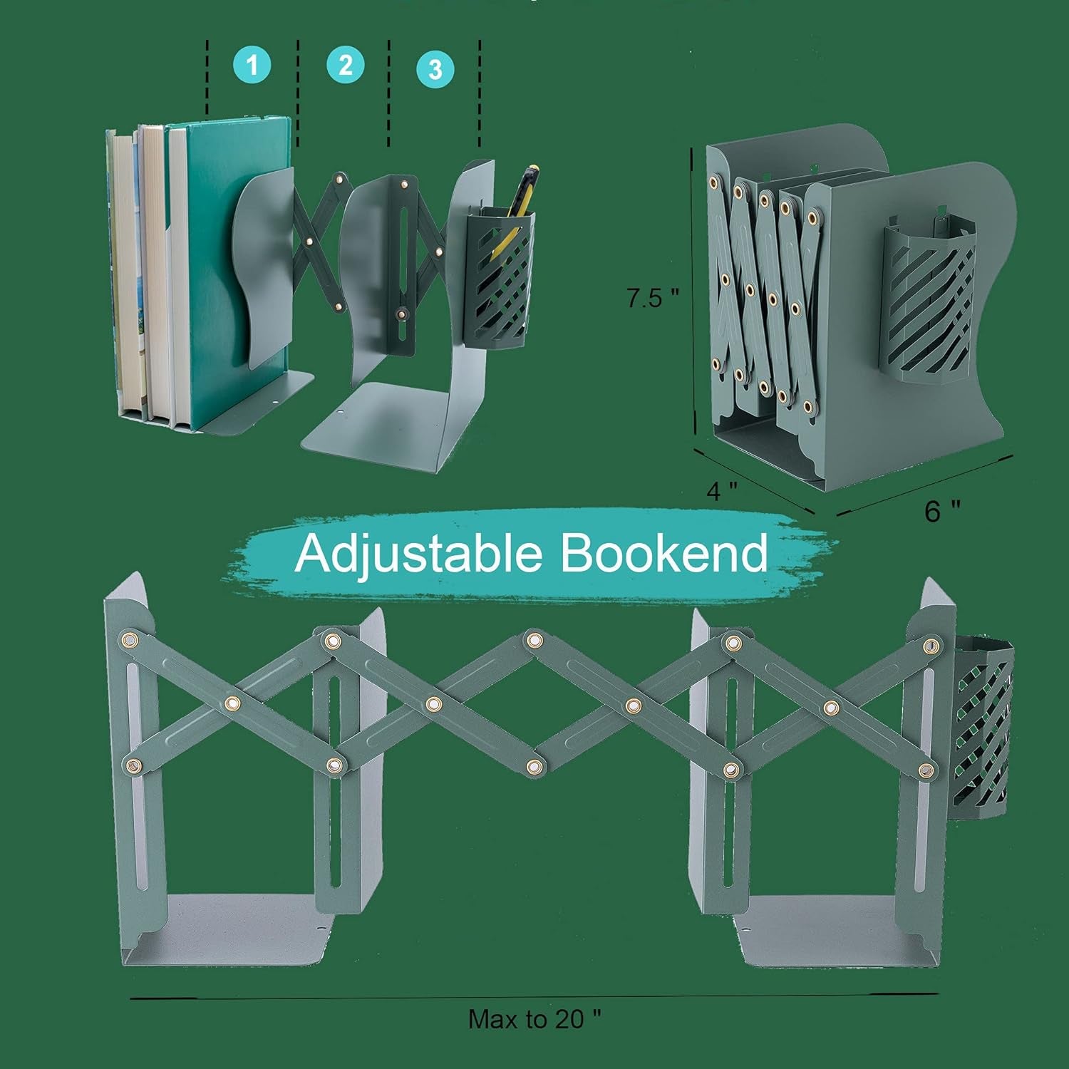  Bust-Down Books - Expandable Metal Bookshelf Bookends For Heavy Books (Green)