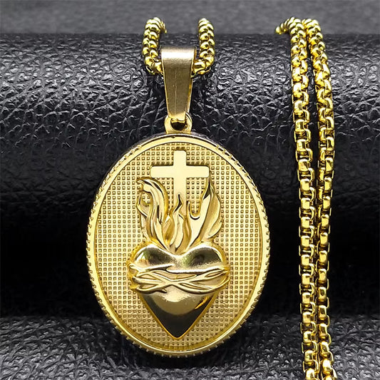 Sacred Heart of Jesus Stainless Steel Gold Colored Necklace