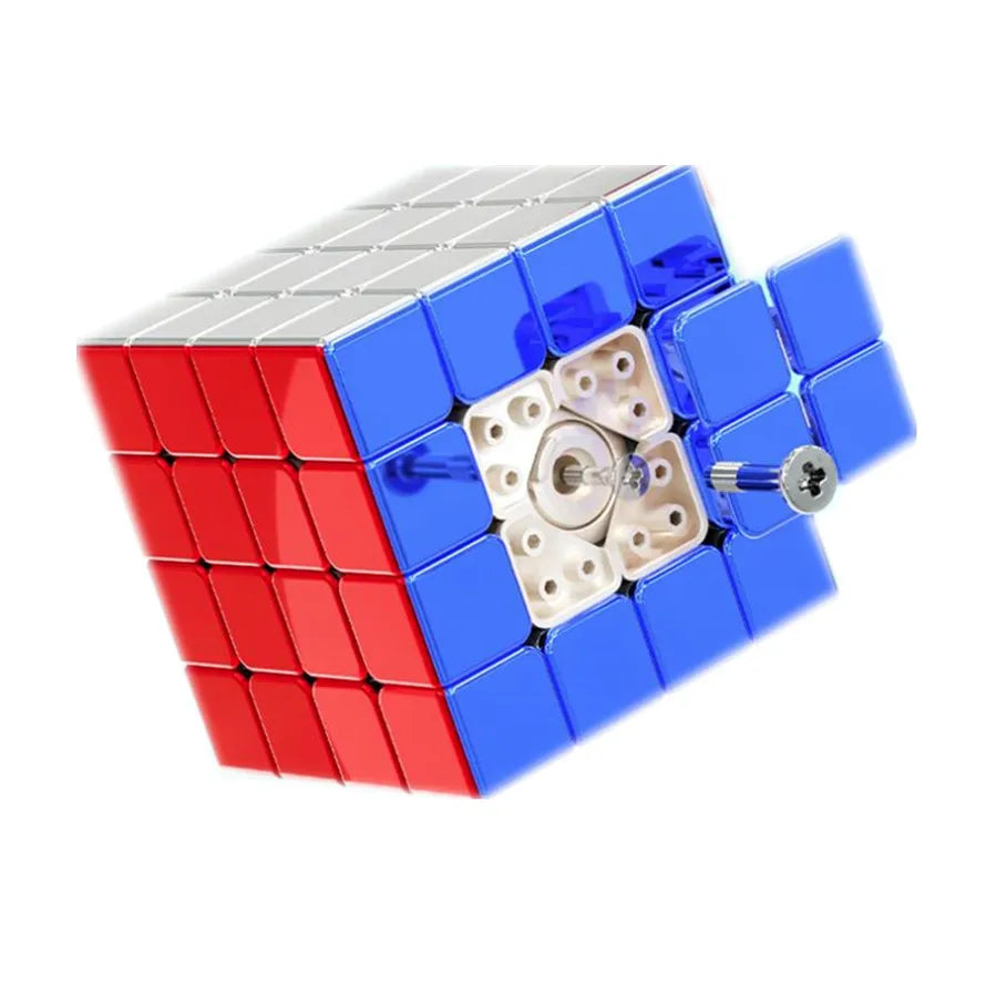 Red and blue Rubik's Cube with visible mechanism on a white background