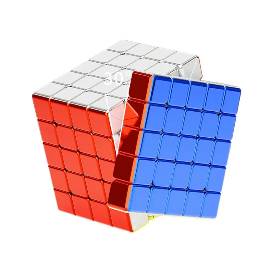 Three interlocking Rubik's Cube-like puzzles in red, blue, and silver on a white background