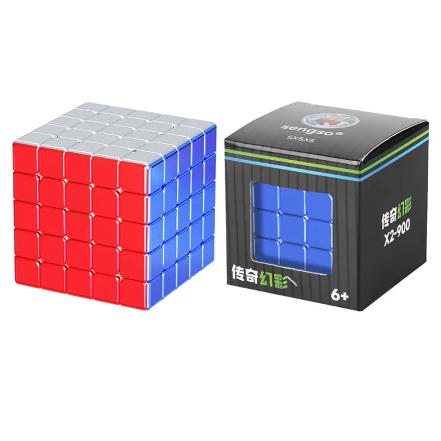 Red and blue Rubik's cube next to its packaging on a white background