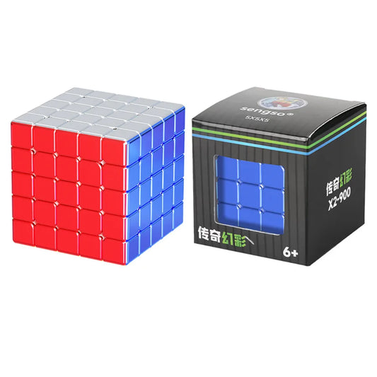 Red and blue Rubik's cube next to its packaging on a white background
