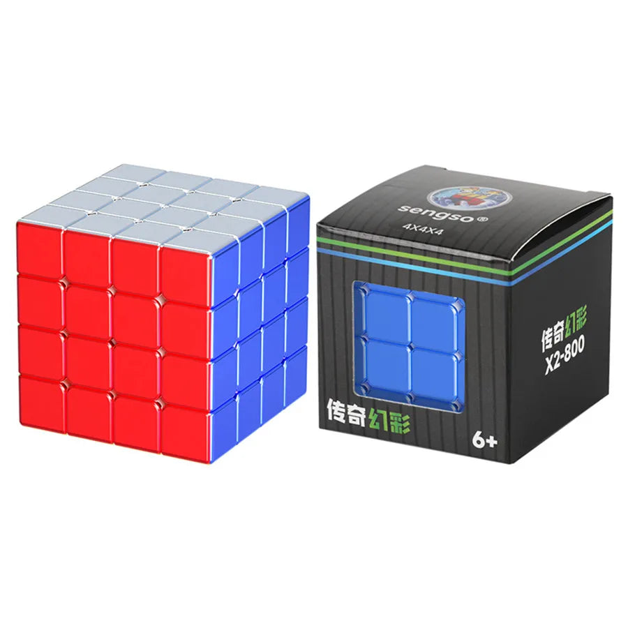 Rubik's Cube with red and blue sides next to its packaging box on a white background