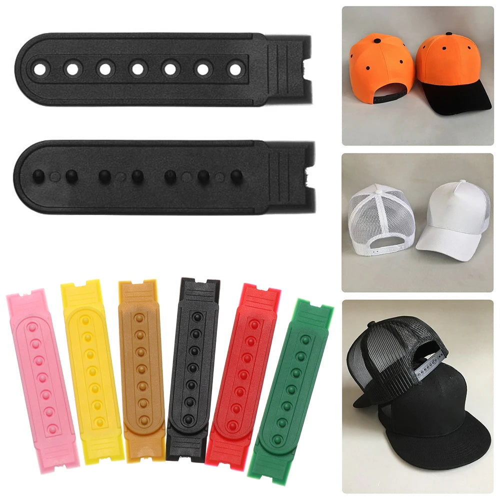 Collage of black plastic straps, colorful clips, and baseball caps.