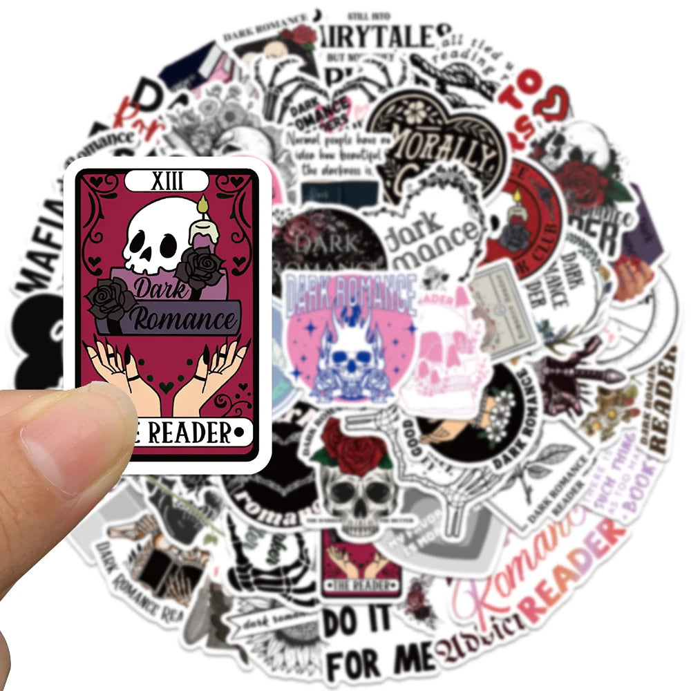 Collection of 'Dark Romance' themed stickers with a phone case featuring a skull design.