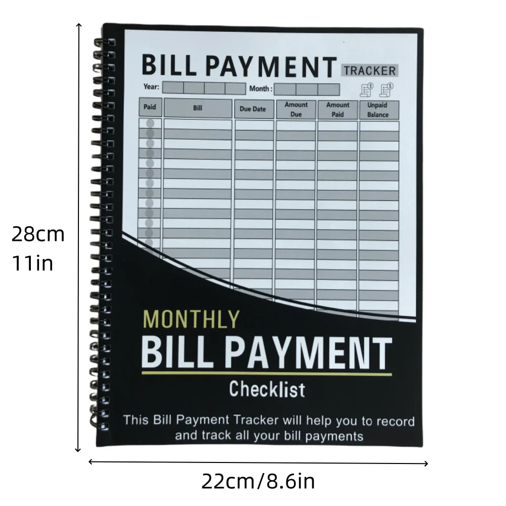Bill payment tracker notebook with dimensions indicated