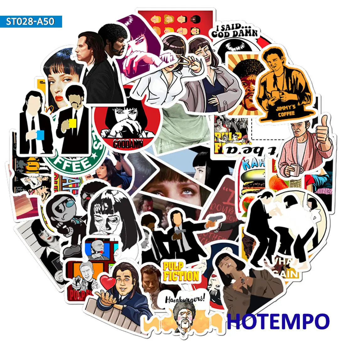 Collection of various Pulp Fiction stickers featuring different designs and characters.