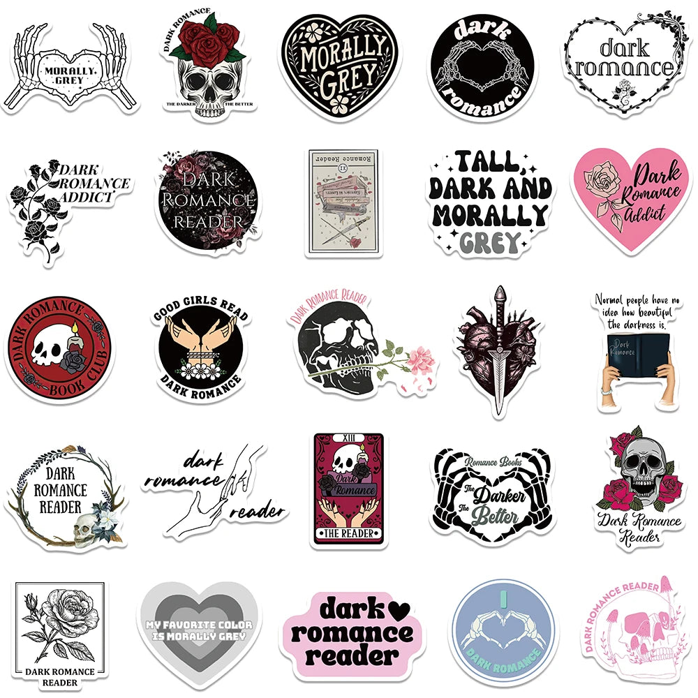 Collection of dark romance-themed stickers on a white background