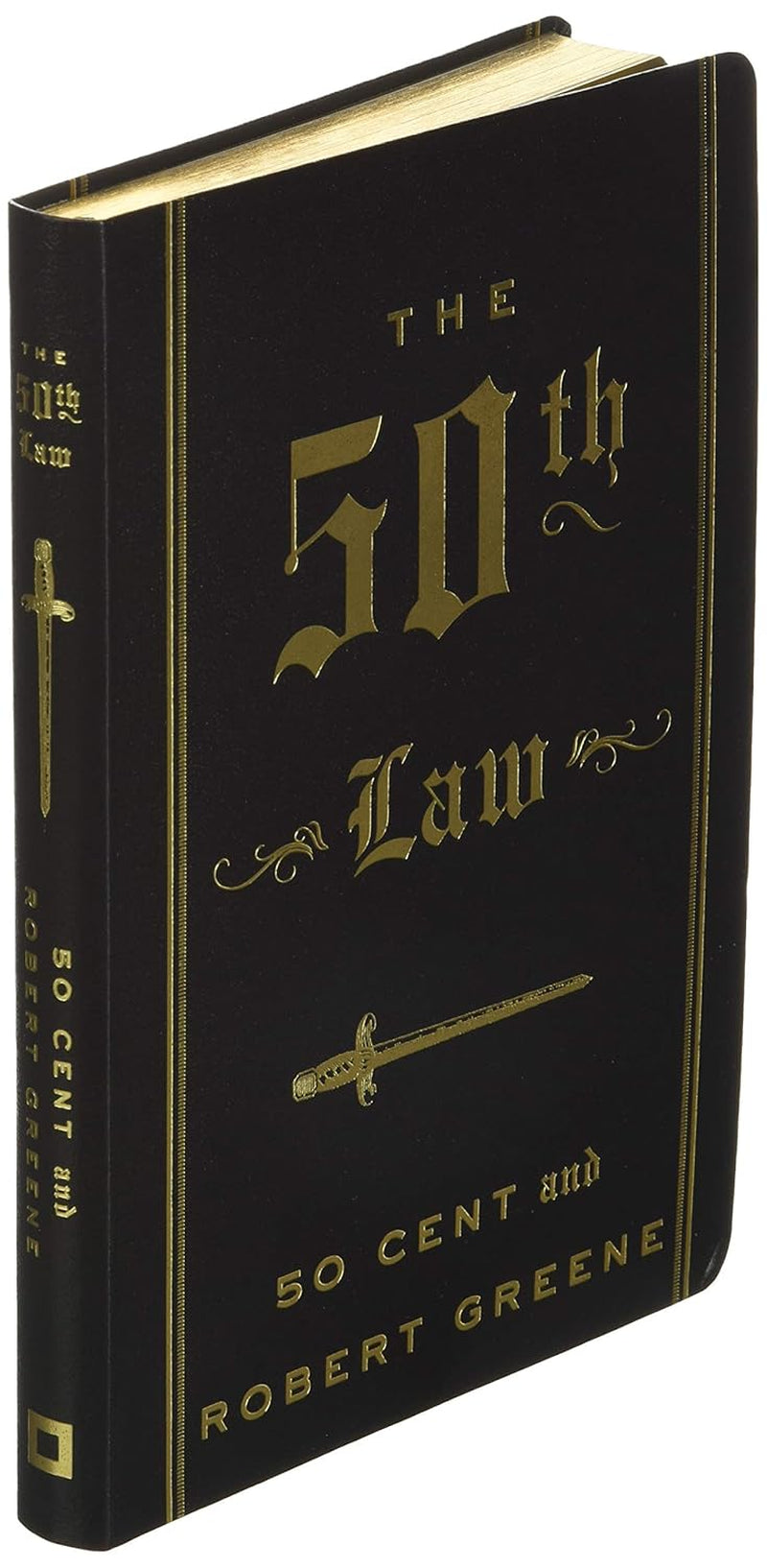 Angled POV displaying book front cover of 'The 50th Law' by 50 Cent and Robert Greene, featuring dark background with gold text and a sword illustration.