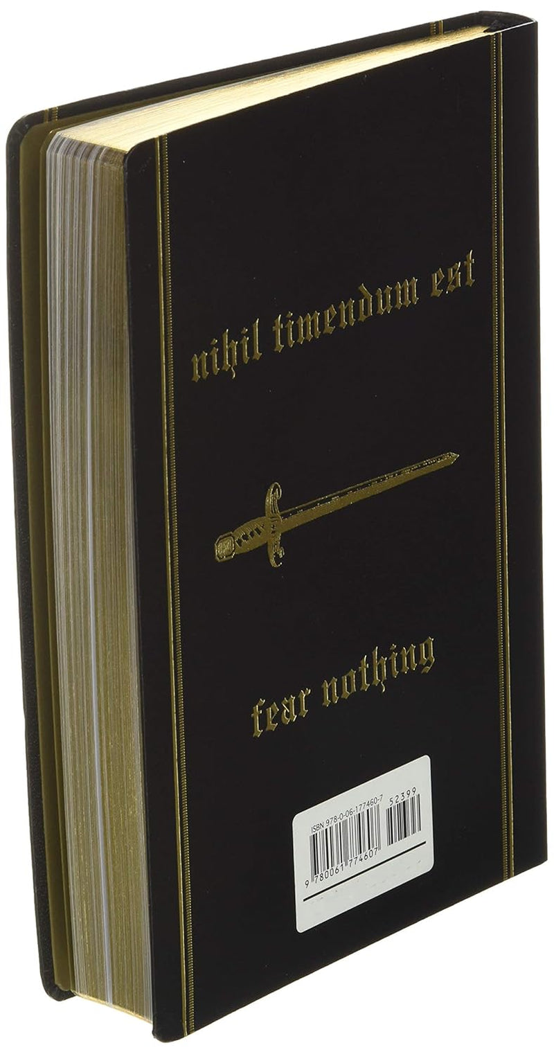 Angled POV displaying book back cover of 'The 50th Law' by 50 Cent and Robert Greene, featuring dark background with gold text and a sword illustration.