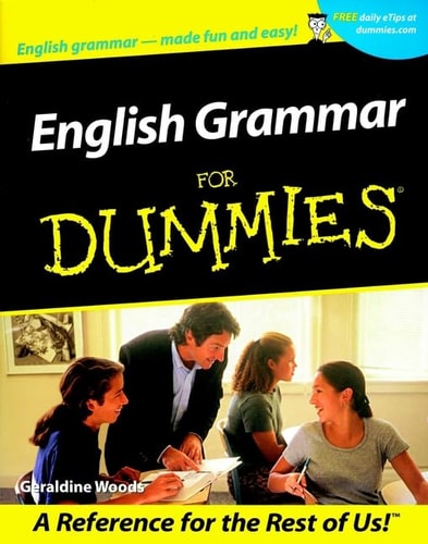 Book cover of 'English Grammar For Dummies' with a group of people studying.
