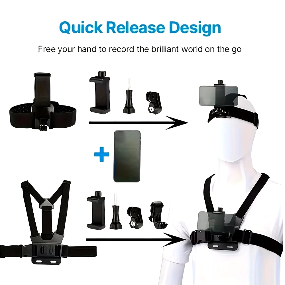 Action Camera Mount Kit: GoPro, Phone, Osmo - Head & Chest Straps