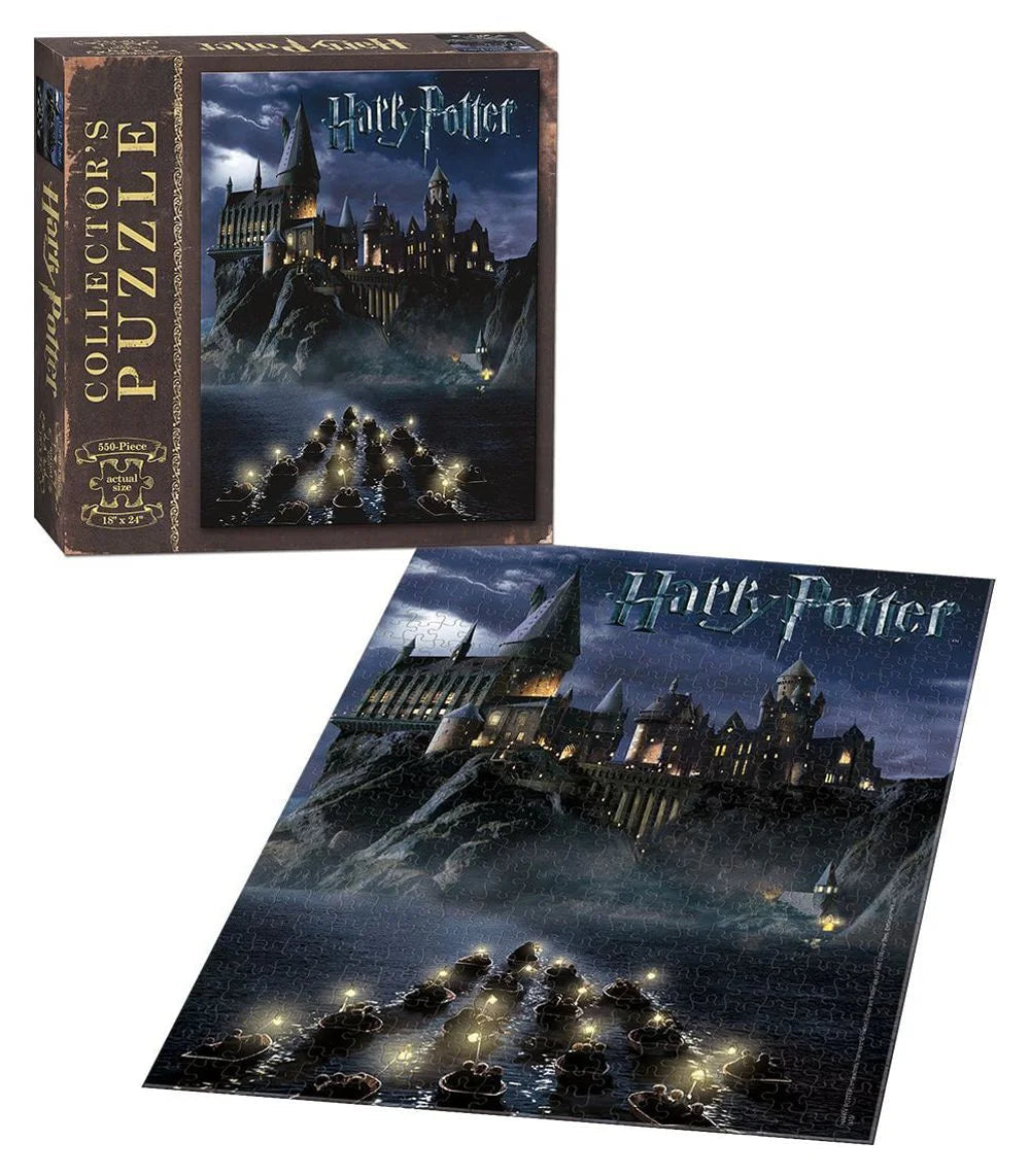 Finished 'Harry Potter World (550) Piece Jigsaw Puzzle: Hogwarts School' and box over a white background.
