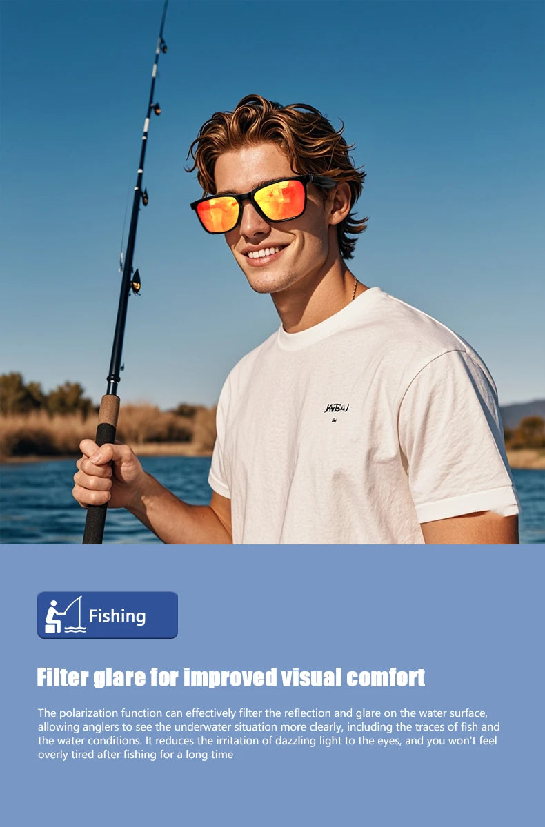 Man holding a fishing rod with bluetooth smart-sunglasses on, standing by a body of water.